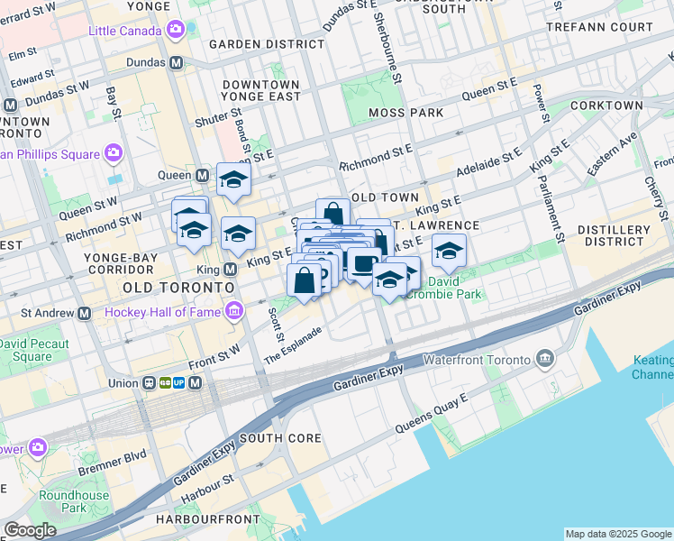 map of restaurants, bars, coffee shops, grocery stores, and more near 80 Front Street East in Toronto