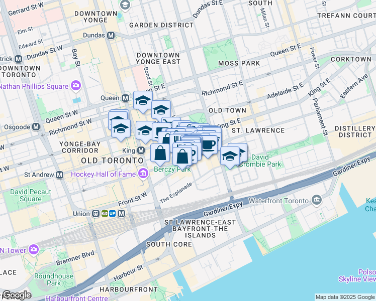 map of restaurants, bars, coffee shops, grocery stores, and more near 35 Church Street in Toronto