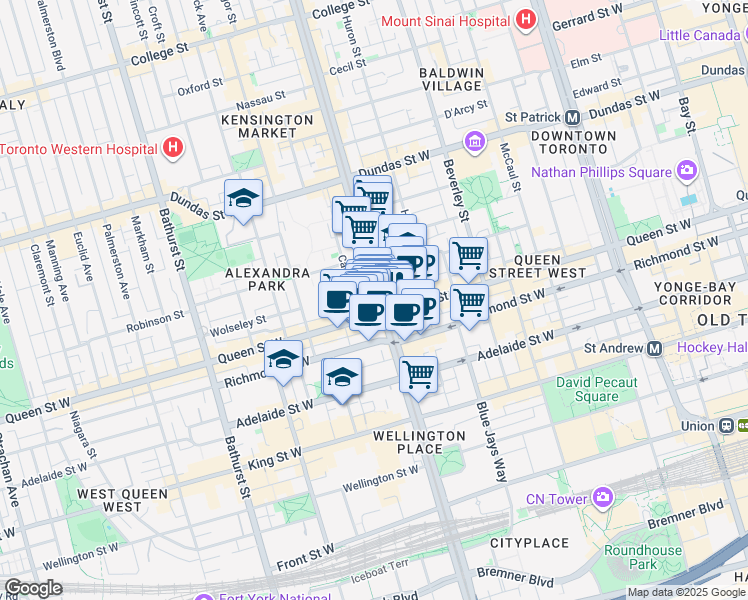 map of restaurants, bars, coffee shops, grocery stores, and more near 170 Spadina Avenue in Toronto