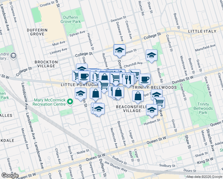 map of restaurants, bars, coffee shops, grocery stores, and more near 284 Lisgar Street in Toronto