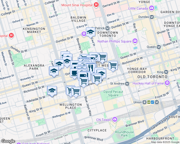 map of restaurants, bars, coffee shops, grocery stores, and more near in Toronto
