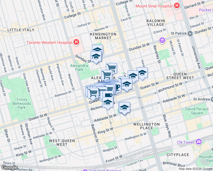 map of restaurants, bars, coffee shops, grocery stores, and more near 12 Denison Avenue in Toronto