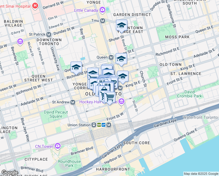 map of restaurants, bars, coffee shops, grocery stores, and more near 100 Yonge Street in Toronto