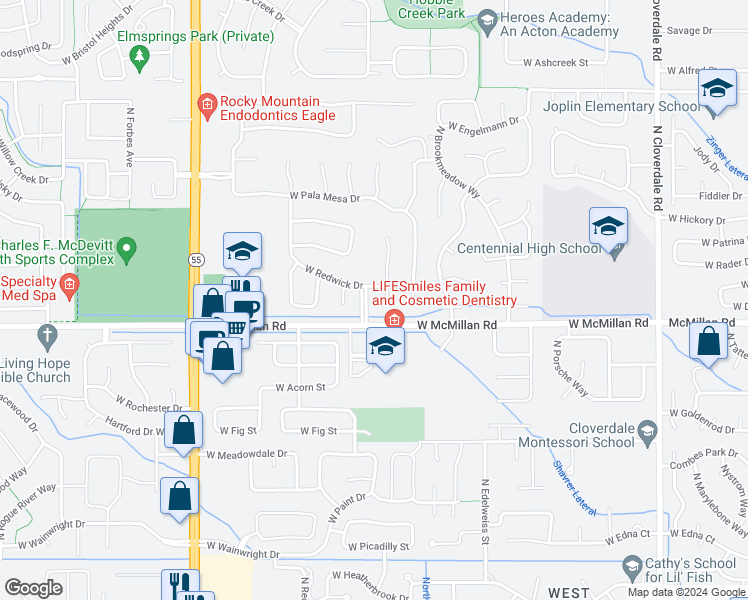 map of restaurants, bars, coffee shops, grocery stores, and more near 4895 North Lawsonia Place in Boise