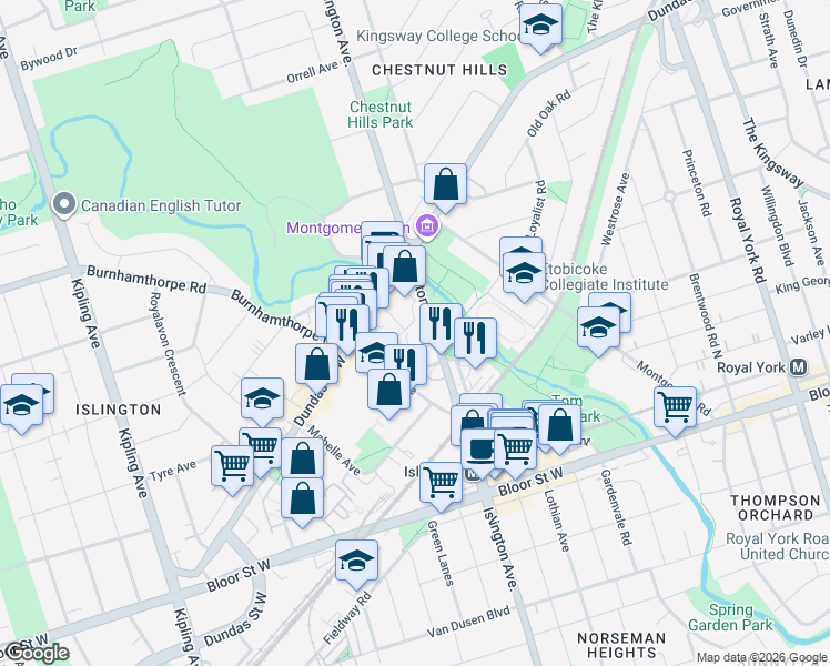 map of restaurants, bars, coffee shops, grocery stores, and more near 1294 Islington Avenue in Toronto