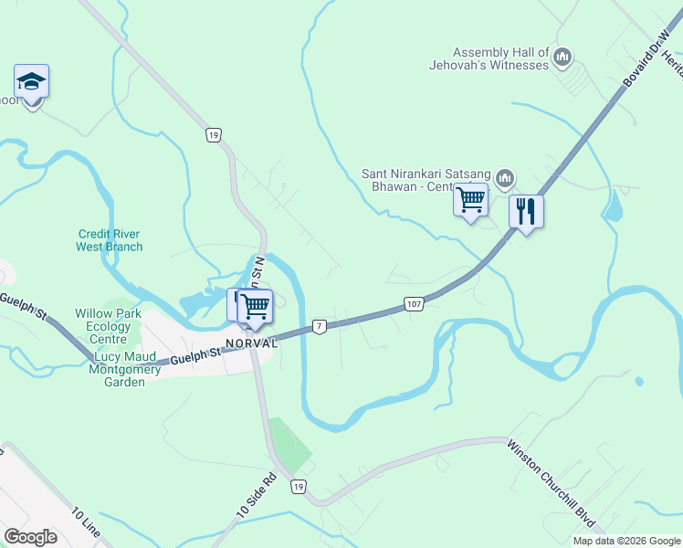 map of restaurants, bars, coffee shops, grocery stores, and more near 10088 Old Pine Crest Road in Halton Hills