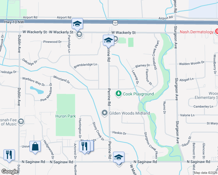 map of restaurants, bars, coffee shops, grocery stores, and more near 5713 Perrine Road in Midland