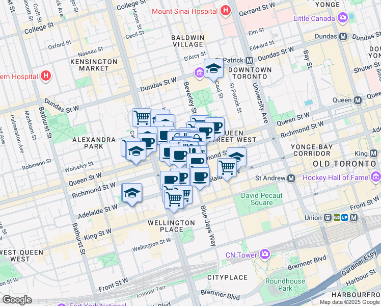 map of restaurants, bars, coffee shops, grocery stores, and more near 125 Peter Street in Toronto