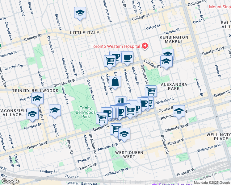 map of restaurants, bars, coffee shops, grocery stores, and more near 115 Manning Avenue in Toronto