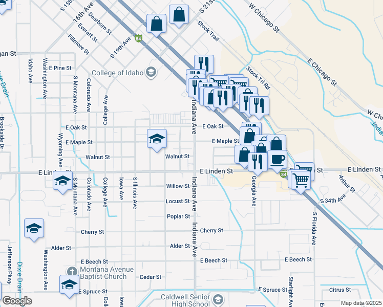 map of restaurants, bars, coffee shops, grocery stores, and more near 2314 South Indiana Avenue in Caldwell