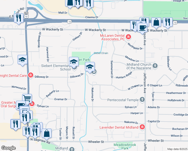 map of restaurants, bars, coffee shops, grocery stores, and more near 800 West Chapel Lane in Midland