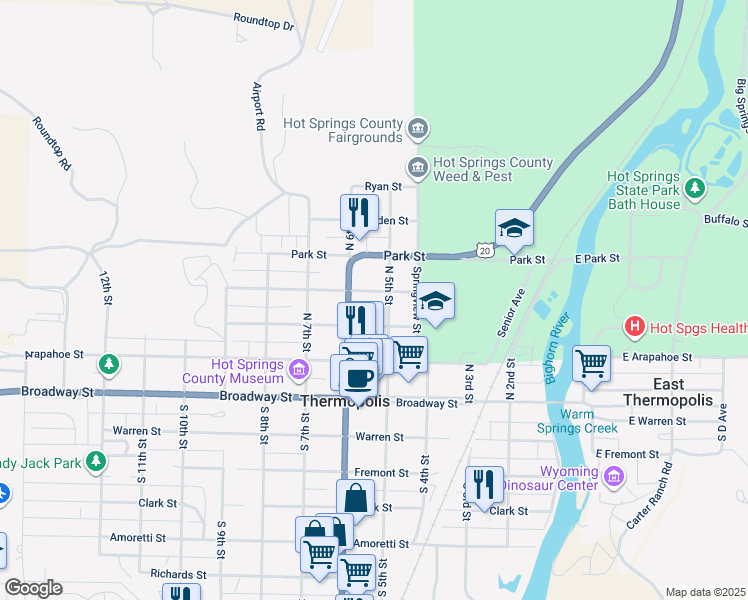 map of restaurants, bars, coffee shops, grocery stores, and more near 534 Big Horn Street in Thermopolis