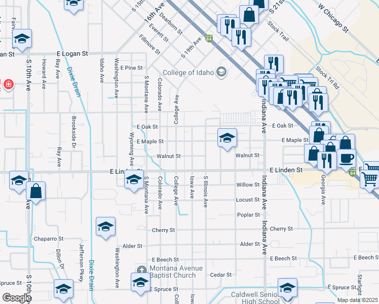 map of restaurants, bars, coffee shops, grocery stores, and more near 2409 Iowa Avenue in Caldwell