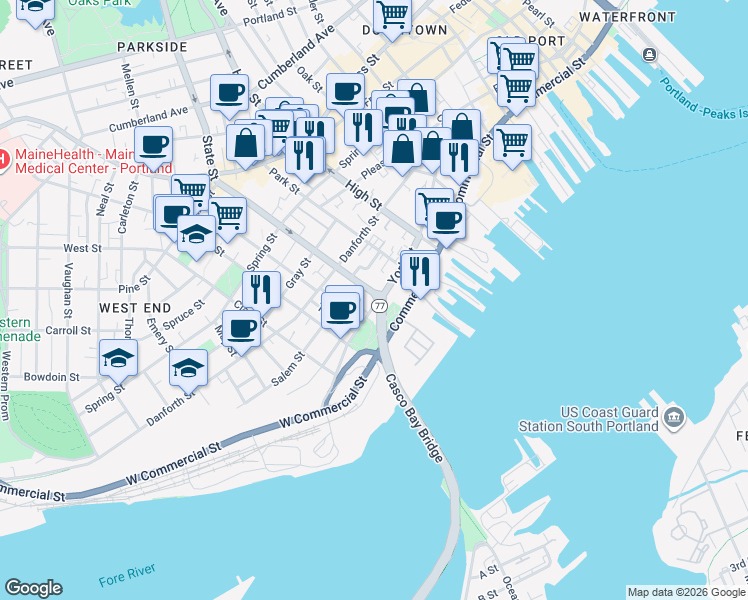 map of restaurants, bars, coffee shops, grocery stores, and more near 194 York Street in Portland