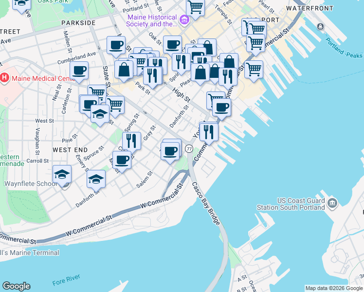 map of restaurants, bars, coffee shops, grocery stores, and more near 194 York Street in Portland