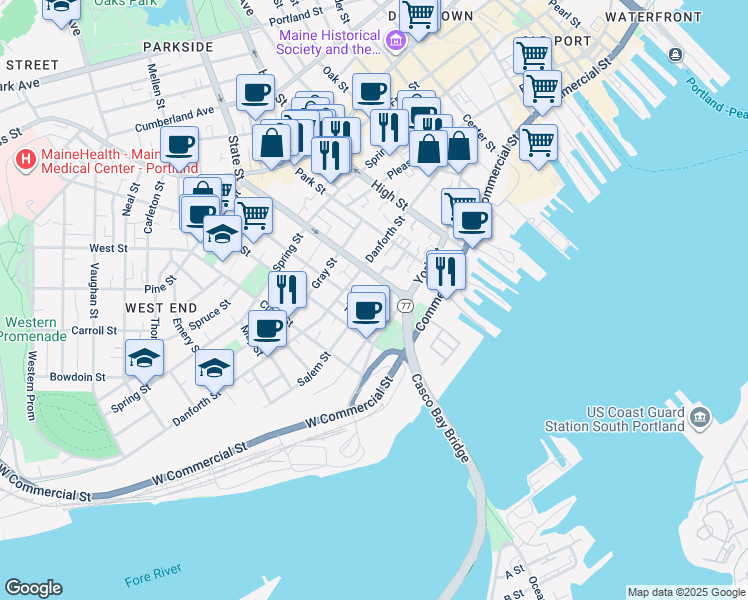 map of restaurants, bars, coffee shops, grocery stores, and more near 231 York Street in Portland