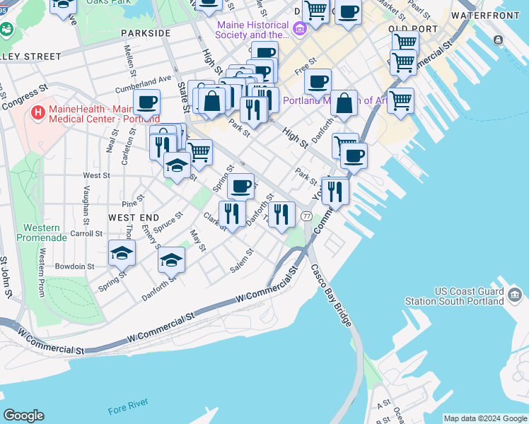 map of restaurants, bars, coffee shops, grocery stores, and more near 188 Danforth Street in Portland