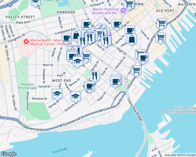 map of restaurants, bars, coffee shops, grocery stores, and more near 106 Gray Street in Portland