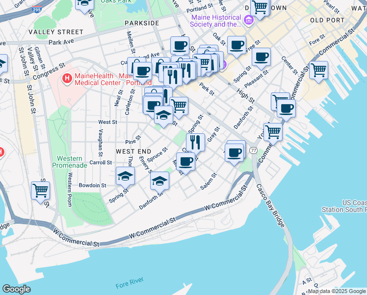 map of restaurants, bars, coffee shops, grocery stores, and more near 112 Clark Street in Portland