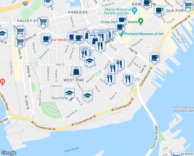 map of restaurants, bars, coffee shops, grocery stores, and more near 112 Clark Street in Portland