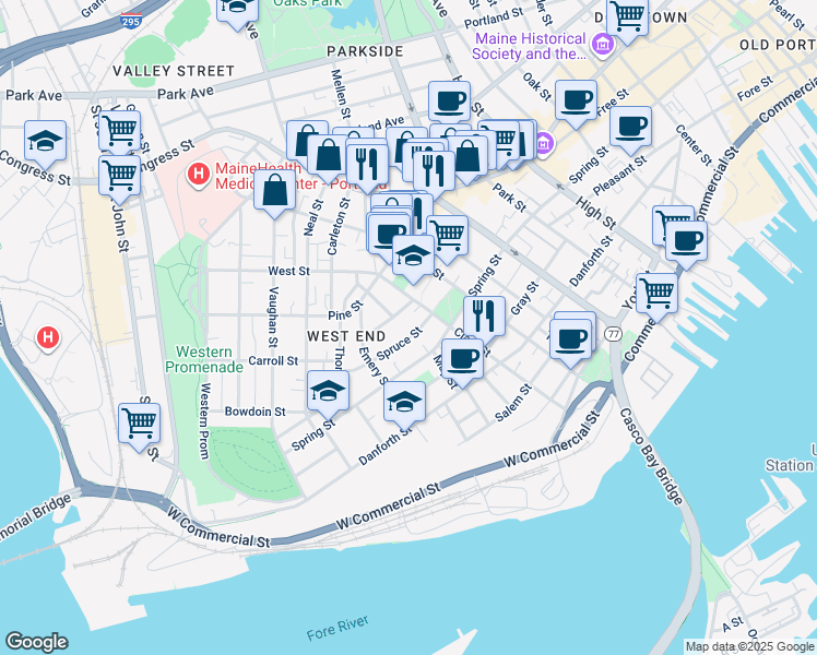 map of restaurants, bars, coffee shops, grocery stores, and more near 271 Spring Street in Portland