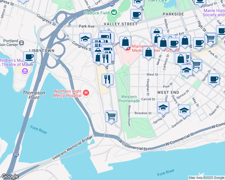 map of restaurants, bars, coffee shops, grocery stores, and more near 147 Saint John Street in Portland