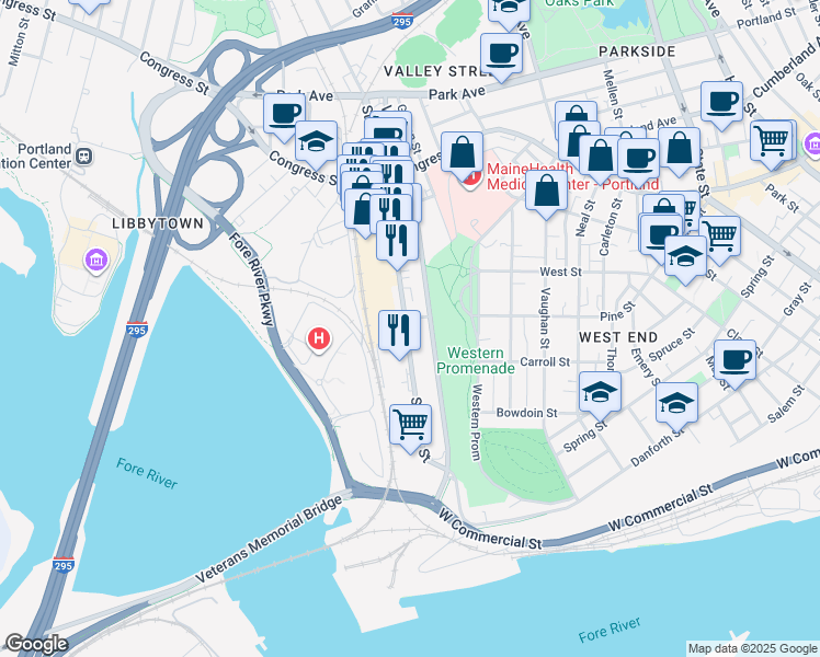 map of restaurants, bars, coffee shops, grocery stores, and more near 147 Saint John Street in Portland