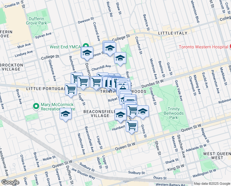 map of restaurants, bars, coffee shops, grocery stores, and more near 1183 Dundas Street West in Toronto