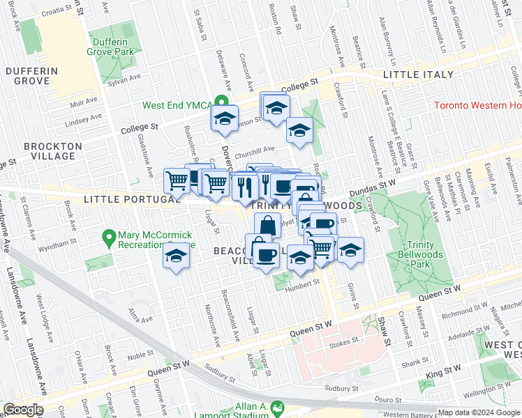 map of restaurants, bars, coffee shops, grocery stores, and more near 14-16 Skey Lane in Toronto