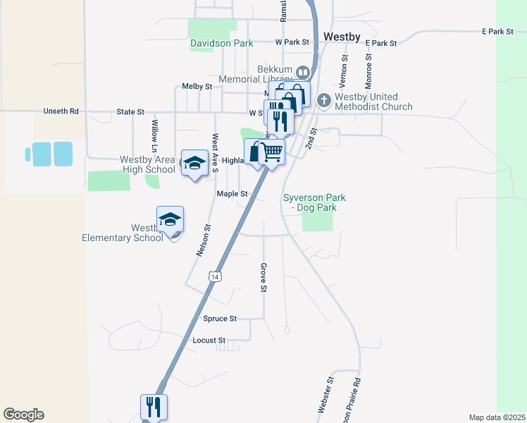 map of restaurants, bars, coffee shops, grocery stores, and more near 106 Coon Prairie Road in Westby