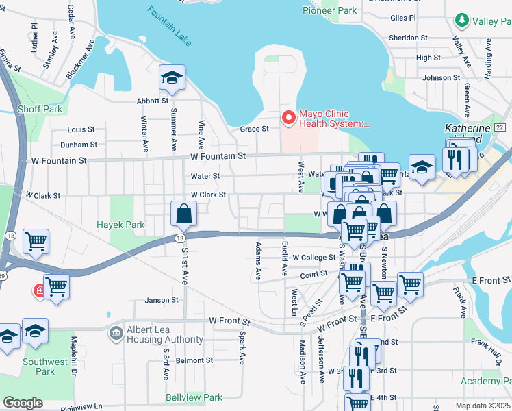 map of restaurants, bars, coffee shops, grocery stores, and more near 263 Adams Avenue in Albert Lea