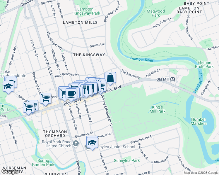 map of restaurants, bars, coffee shops, grocery stores, and more near in Toronto