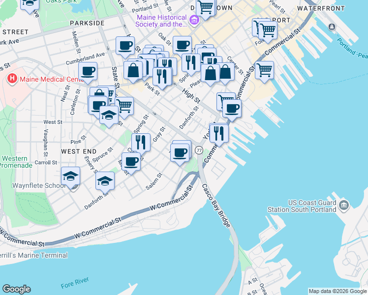 map of restaurants, bars, coffee shops, grocery stores, and more near 231 York Street in Portland