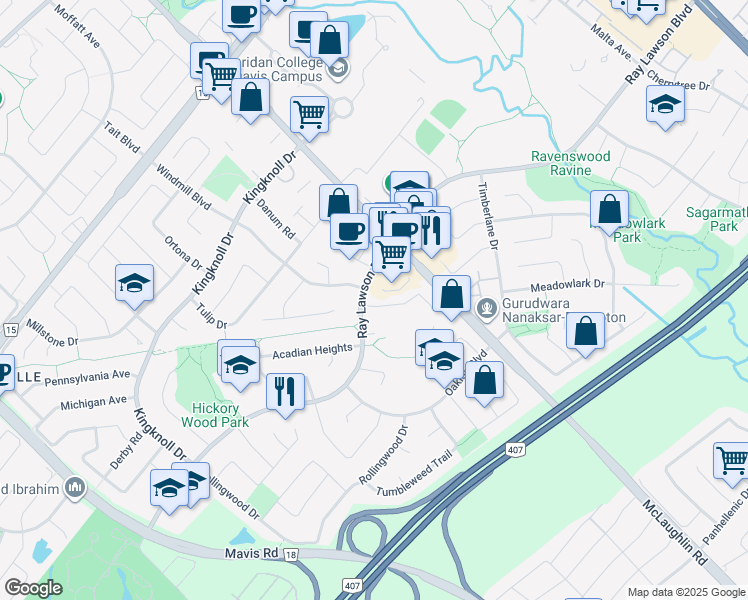 map of restaurants, bars, coffee shops, grocery stores, and more near 4 Fallen Oak Court in Brampton