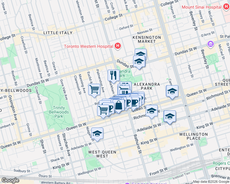 map of restaurants, bars, coffee shops, grocery stores, and more near in Toronto