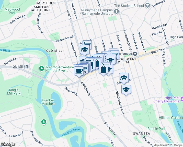 map of restaurants, bars, coffee shops, grocery stores, and more near 2425 Bloor Street West in Toronto
