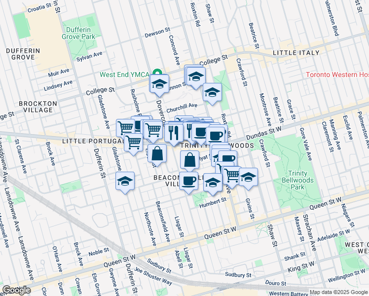 map of restaurants, bars, coffee shops, grocery stores, and more near 1239 Dundas Street West in Toronto