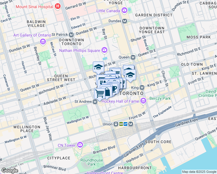 map of restaurants, bars, coffee shops, grocery stores, and more near 120 King Street West in Toronto