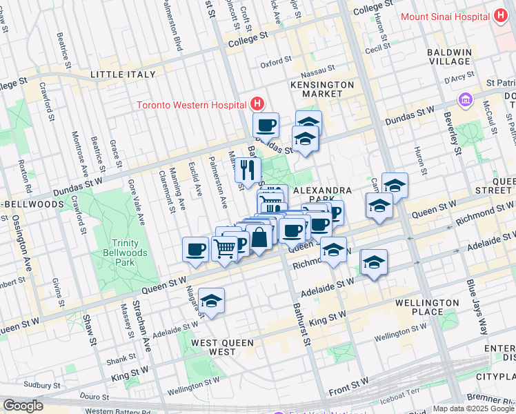map of restaurants, bars, coffee shops, grocery stores, and more near 7 Ways Lane in Toronto