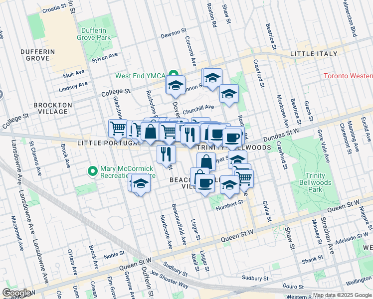 map of restaurants, bars, coffee shops, grocery stores, and more near in Toronto