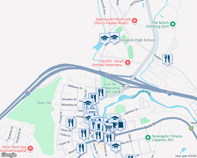 map of restaurants, bars, coffee shops, grocery stores, and more near 137 Hanover Street in Lebanon