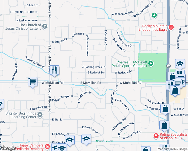 map of restaurants, bars, coffee shops, grocery stores, and more near 2225 East White Hawk Street in Boise