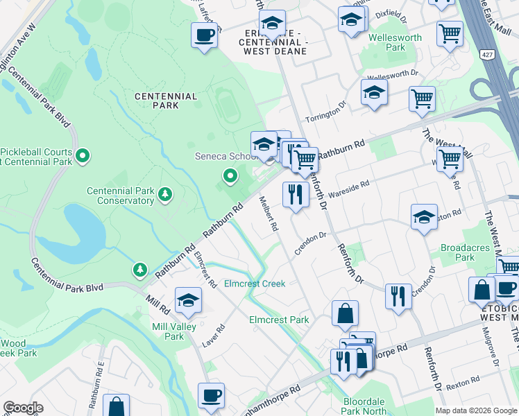 map of restaurants, bars, coffee shops, grocery stores, and more near 94 Melbert Road in Toronto