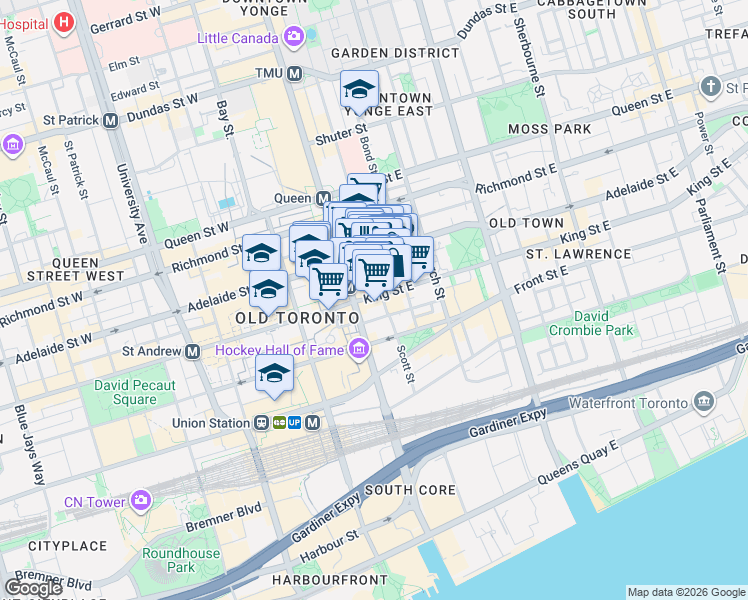 map of restaurants, bars, coffee shops, grocery stores, and more near 7 King Street East in Toronto