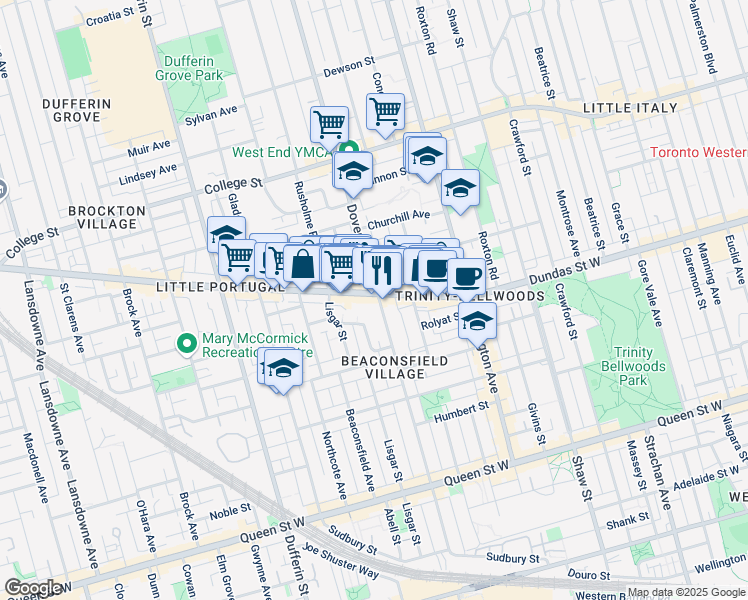map of restaurants, bars, coffee shops, grocery stores, and more near in Toronto