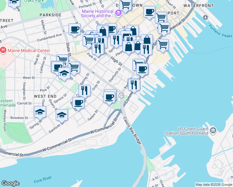 map of restaurants, bars, coffee shops, grocery stores, and more near 14 Stetson Court in Portland