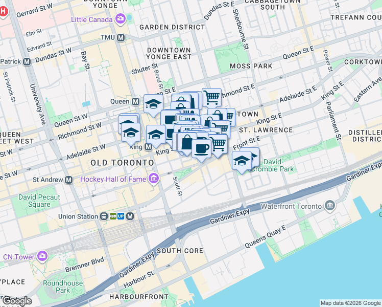 map of restaurants, bars, coffee shops, grocery stores, and more near 60 Colborne Street in Toronto