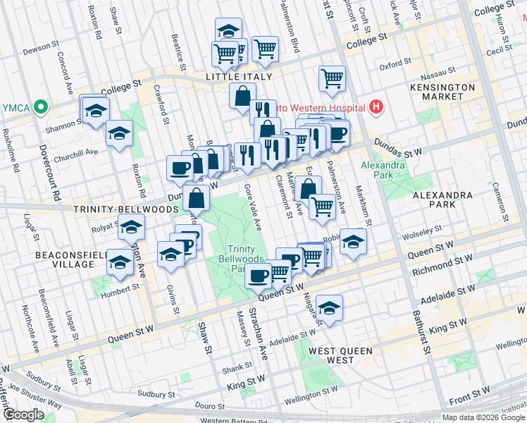 map of restaurants, bars, coffee shops, grocery stores, and more near 112 Bellwoods Avenue in Toronto