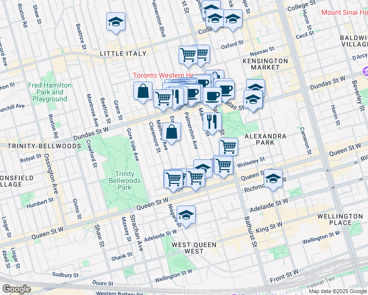 map of restaurants, bars, coffee shops, grocery stores, and more near 107 Euclid Avenue in Toronto