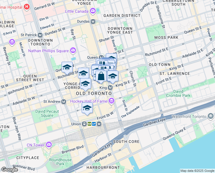 map of restaurants, bars, coffee shops, grocery stores, and more near 4 King Street West in Toronto